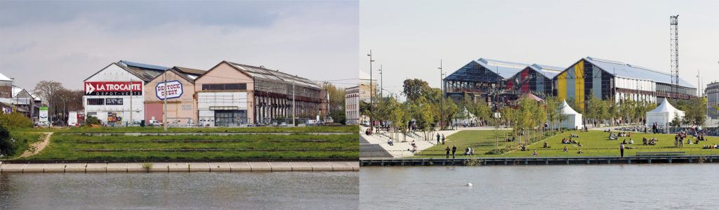 Hangars de l'île de Nantes avant et après transformation.