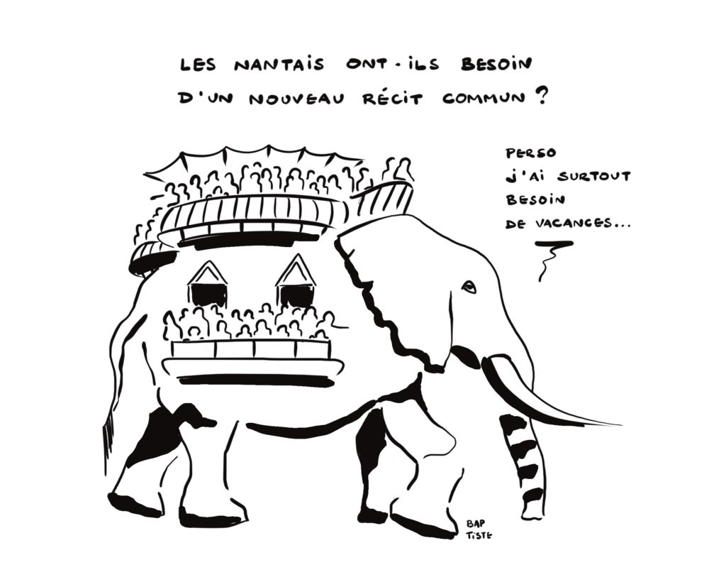 Dessin de Baptiste Fuchs sur les machines de l'Île de Nantes. L'éléphant a besoin de vacances.