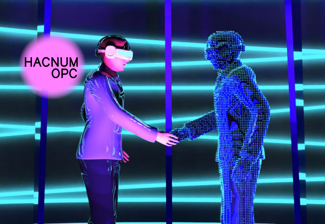 Deux personnages avec des casques de réalité virtuelle se serrent la main