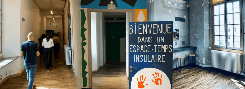 Montage de plusieurs images de l'intérieur de tiers-lieux. Le texte "Bienvenue dans un espace-temps insulaire" est mis en avant.