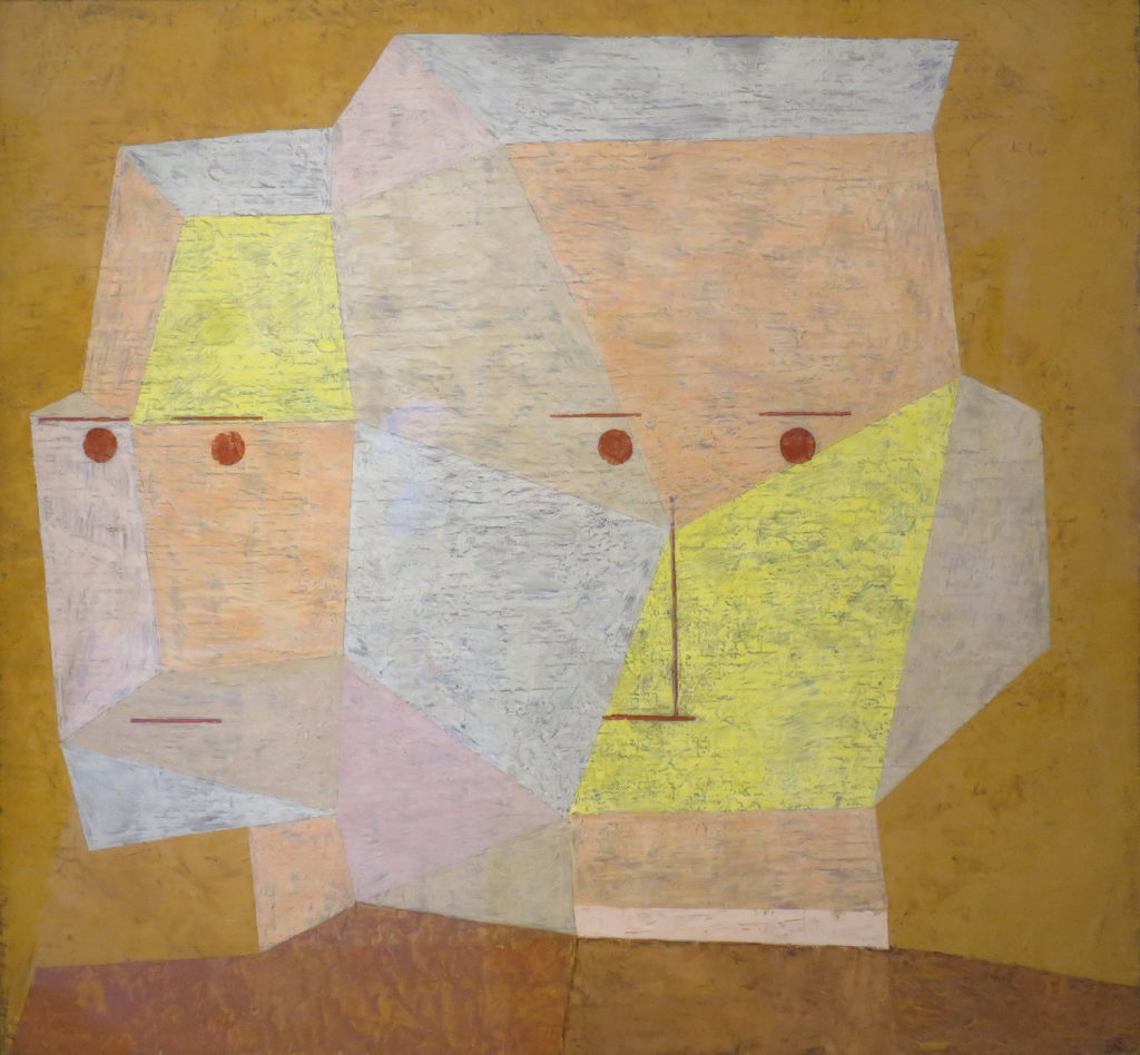 Illustration abstraite. Deux visages de formes géométriques. Couleurs pastels