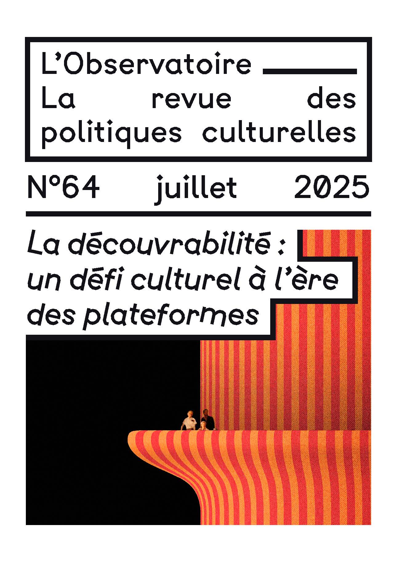 Couverture de la revue n°64. Plateforme avec bandes rouges et jaunes. Personnages au bord de la plateforme.
