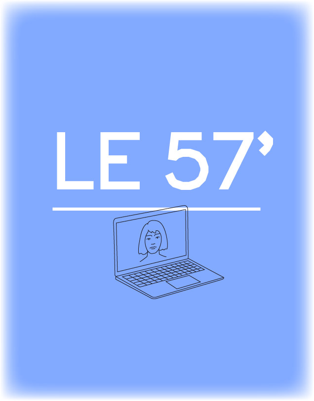 Visuel du 57'. Typo 57' grande taille et dessin d'un ordinateur ouvert avec un visage de femme sur l'écran