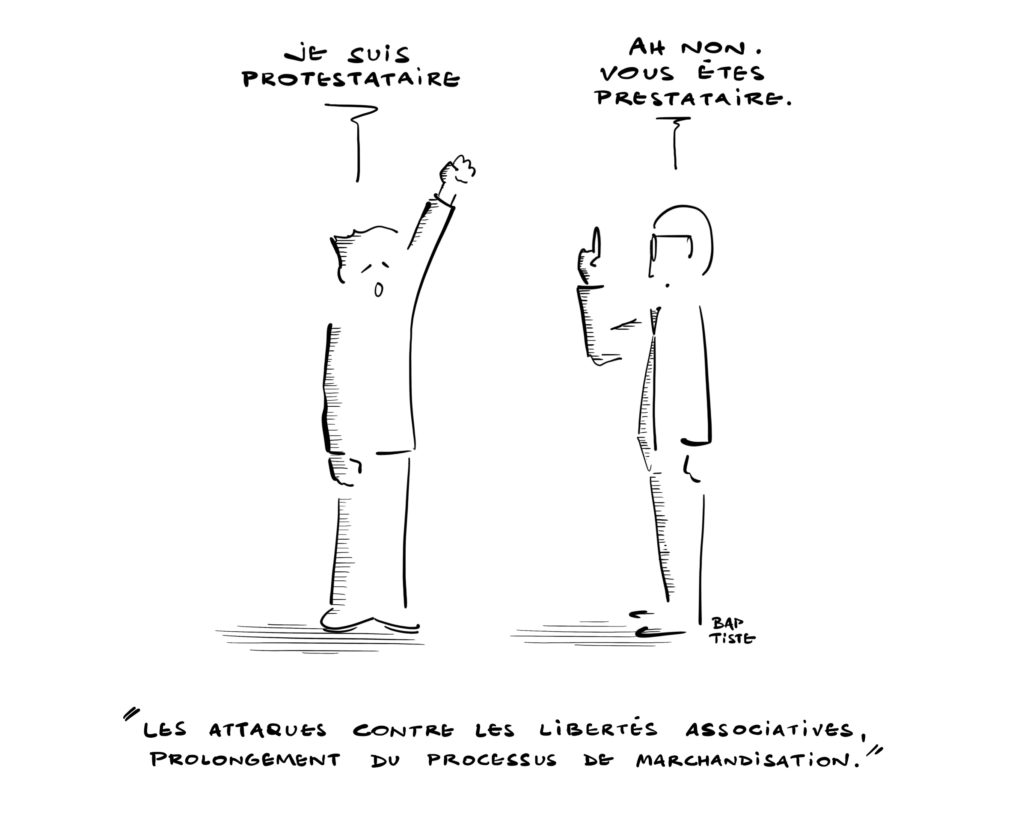 Deux hommes discutent. L'un dit "je suis protestataire", l'autre répond "Non vous êtes prestataire"