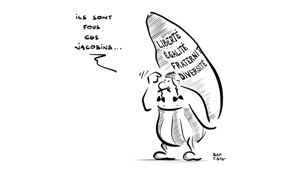 Obélix porte un menhir avec inscrit "Liberté, égalité, fraternité, diversité" et dans une bulle il dit "Ils sont fous ces jacobins"