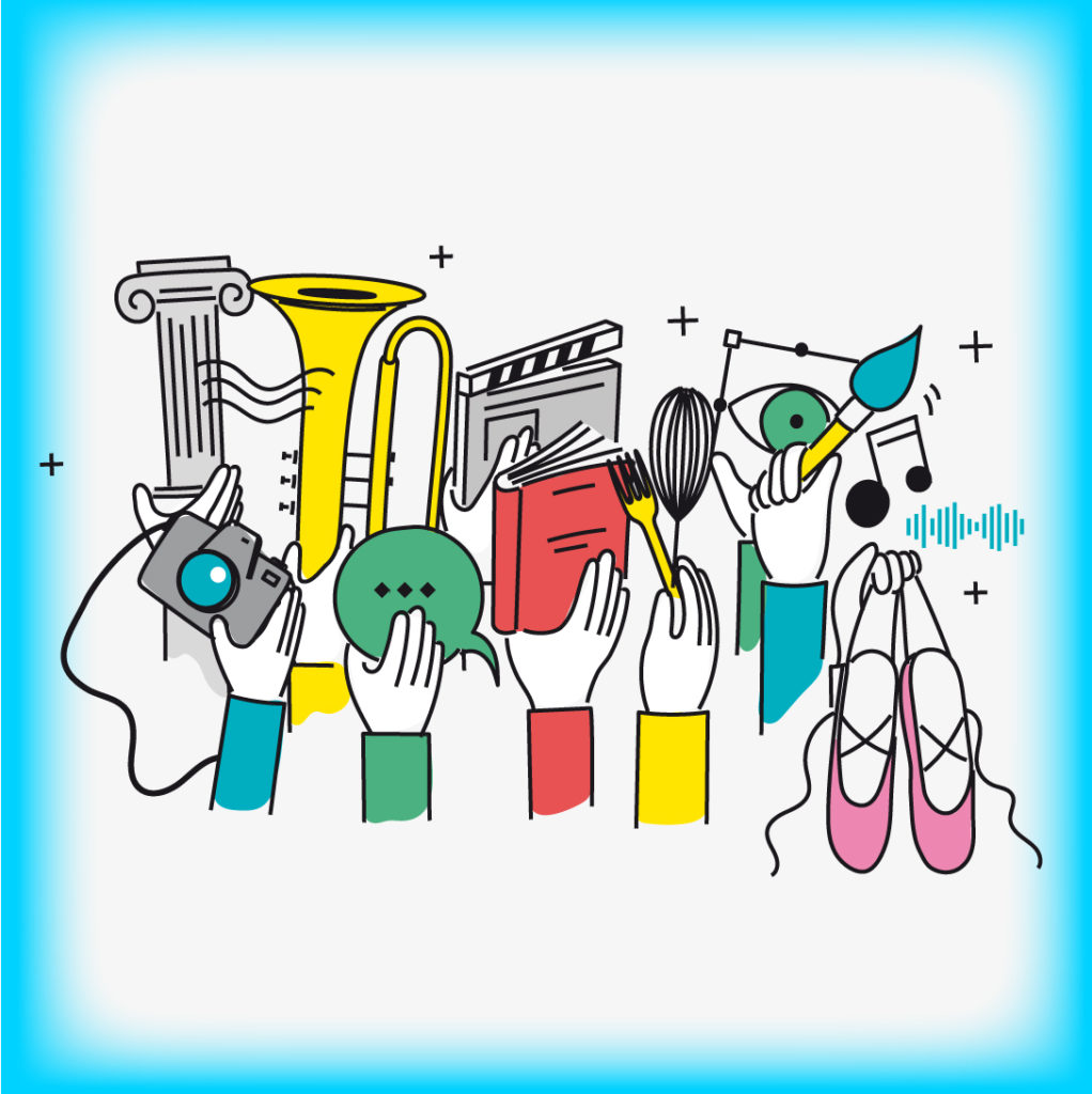 Plusieurs mains tiennent des instruments, des accessoires de sport ou des livres. Dessin aux contours noirs et touches de couleur