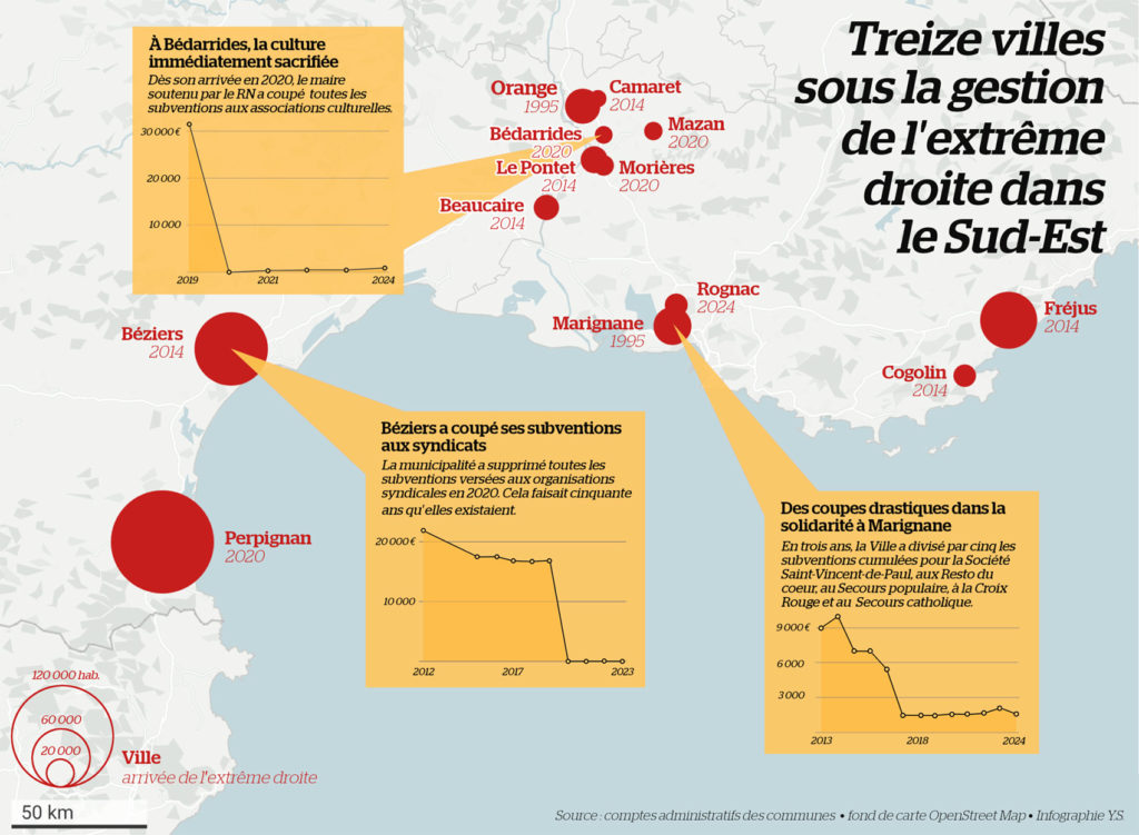 Carte des villes sous gestion de l'extrême droite dans le sud-est
