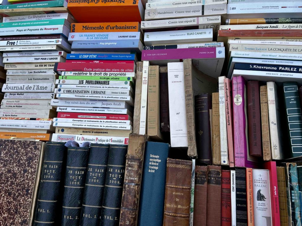 Des livres de toutes sortes (anciens, neufs, abîmés ou vieux) empilés les uns sur les autres.