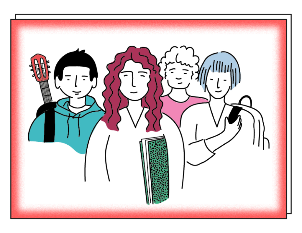 Dessin de 4 jeunes, l'un avec une guitare, l'autre avec un carton à dessin